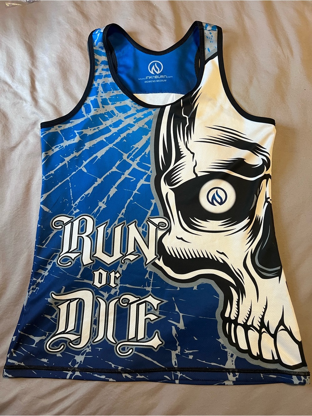INKnBURN Blue Womens Running Tank with White Logo